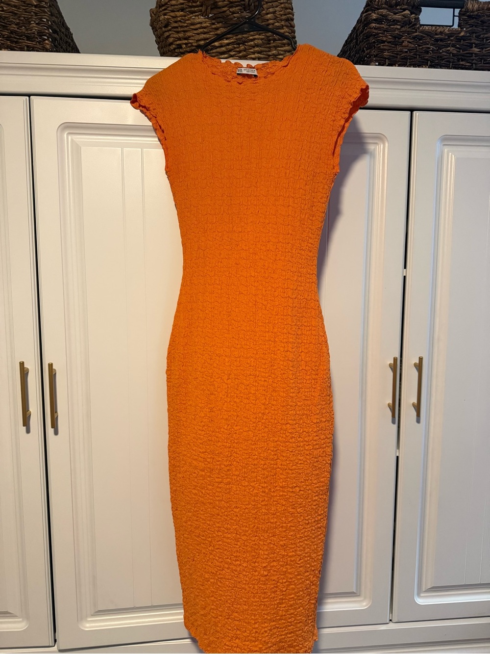 Zara Bright Orange Textured Cap-Sleeve Midi Dress